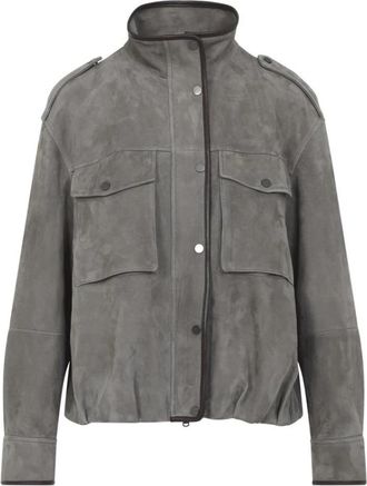 Brunello Cucinelli Suede Utility Jacket - Dames - Leren en Su&egrave;de Jassen - Grijs - M - Su&egrave;de - Jassen