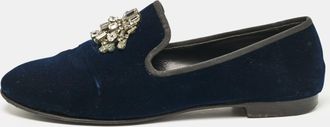 Giuseppe Zanotti Navy Blue Velvet Crystal Embellished Smoking Slippers