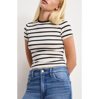 Good American Super Stretch Cotton Blend T-Shirt in Black Ecru Wide Stripe at Nordstrom Rack, Size X-Small