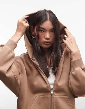 Weekday felpa con cappuccio oversize in jersey pesante con zip, beige slavato-Neutro