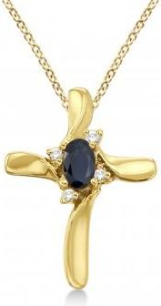 Allurez Blue Sapphire & Diamond Cross Necklace Pendant 14k Yellow Gold (0.50ct)
