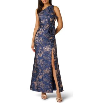 Adrianna Papell One-Shoulder Jacquard Gown in Navy/Rose Gold at Nordstrom, Size 10