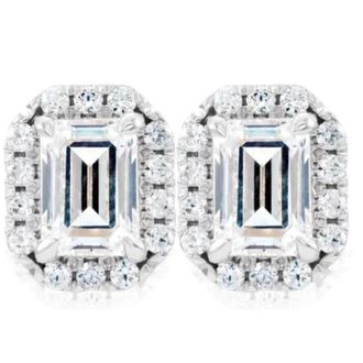Pompeii3 3/4Ct Emerald Lab Grown Diamond Halo Studs Silver Earrings