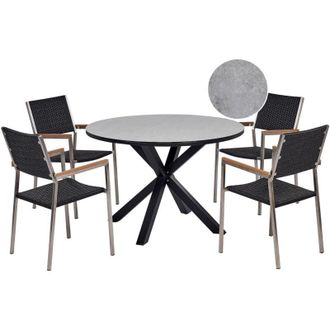 Beliani Set da pranzo da giardino a 4 posti Mobili da esterno Tavolo in alluminio Piano in vetro Sedie in rattan pe Telaio in acciaio inox Grigio e nero
