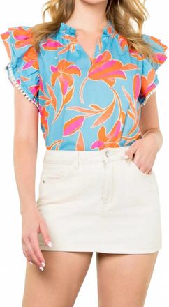 THML Clothing Flutter Sleeve Flower Print Top In Light Blue