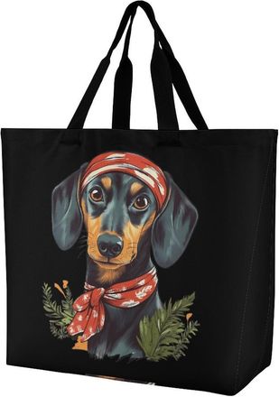 Generic Dachshund with Headband Large Reusable Shopping Bag Lightweight Foldable Tote Bags Washable Shoulder Handbag
