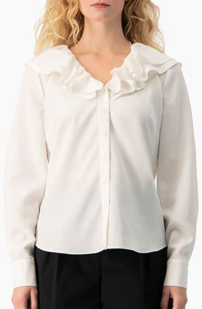Ivonne Romantic Ruffle Collar V-Neck Long-Sleeve Fitted Blouse in White at Nordstrom, Size 12