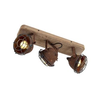 QAZQA Industrial Foco Industrial Marr&oacute;n &Oacute;xido Con Madera Inclinable 3-luces - Gina /acero Alargada Adecuado Para Led Max. 3 X 25 Watt - Qazqa