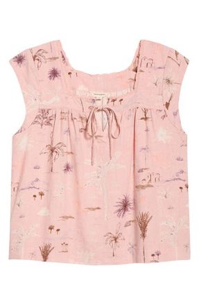 Lucky Brand Lace Trim Tie Neck Linen Blend Top in Mauve Palm Print at Nordstrom, Size Xx-Large