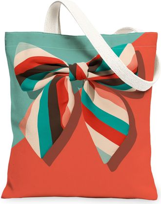 Generic Stylish Bow Pattern Canvas Tote Bags, Chic Ribbon Design Reusable Grocery Bags, Summer Lightweight Washable Shoulder Strap, Stylish, 13x15 Inch