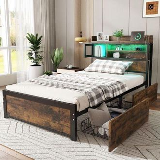 Matteo Metal Bed, 3FT Single Bed With LED Light Strip & 2 Drawers, 3 Charge Port, Durable & Sturdy in Black | Size: Single Fitted