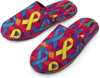 Generic Colored Ribbon Autism Awareness Mens Cozy Memory Foam Slippers Warm Cotton House Shoes Comfy Slipper for Indoor Outdoor