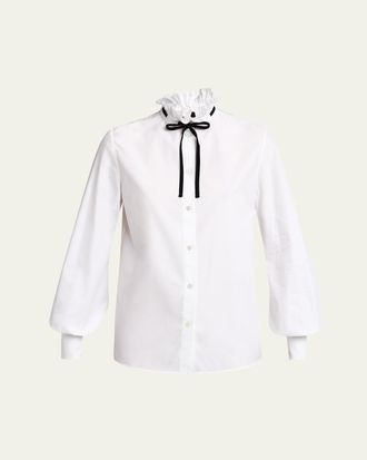 Valentino Garavani Ruffle Bow-Collar Balloon-Sleeve Button-Down Shirt