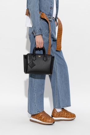 MCM Leather Hand Bag With Logo, Womens, Black