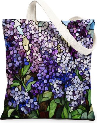 Generic Stained Glass Lilac Flower Canvas Tote Bag for Shopping 13x15, Luxury Floral Reusable Grocery Print Bag for Women, Garden Cool Beach Aesthetic Paintin