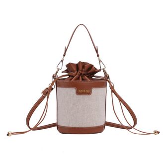 Generic Women Vintage Patchwork Cylinder Shoulder Bag Drawstring Crossbody Bags Female Casual PU Leather Handbags (Brown)
