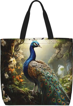 Generic Peacock On The Tree Grocery Bag Durable Shopping Bag Waterproof Shopping Bags For Casual Work College