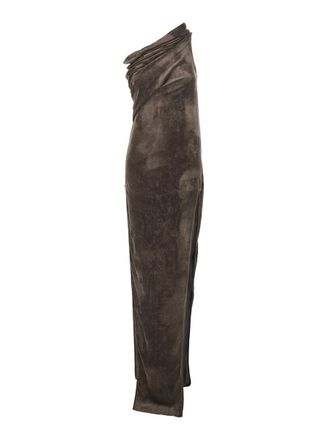 Rick Owens Athena Arrowhead Brown Asymmetric Long Dress With Ruched Neckline And Side Single Slit In Viscose Blend Woman