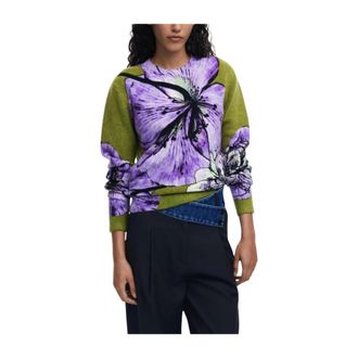 Desigual Round-neck Knitwear, female, Multicolor, XS, Floral Knitwear Green Jumper