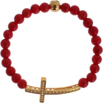 Nialaya Rode Koraal Gouden CZ Kruis 925 Zilveren Armband