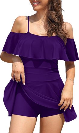 SHEKINI Womens Skirted One Piece Swimsuit Off-Shoulder Swimwear with Shorts Ruffled Flounce Swimming Costume Bathing Suits Purple