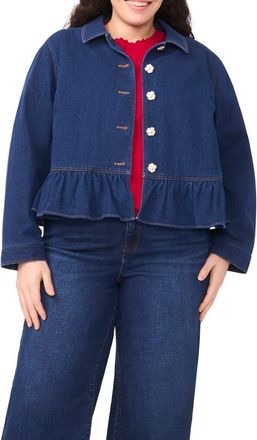 CeCe by Cynthia Steffe Floral Button Peplum Denim Jacket in Mid Indigo at Nordstrom, Size 1 X