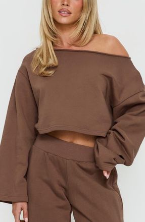 Princess Polly Retreat Raw Edge One-Shoulder Sweatshirt in Cocoa at Nordstrom, Size 12