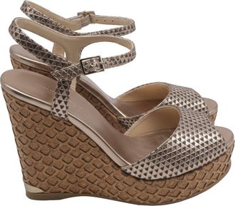 Jimmy Choo London Patterned Peep-Toe Wedge Sandals in Metallic Gold Leather