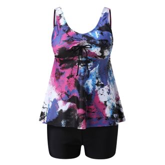 Generic Plus Size Tankini Set - White Floral Tank with Boyshorts, Control Tummy Swimsuits for Women