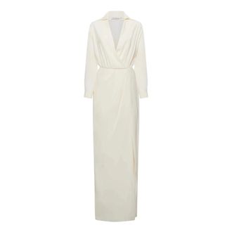 Simona Corsellini Maxi Dresses, female, Beige, Size: L Long V-neck Dress with Slit
