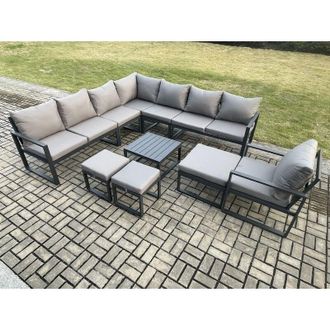 Fimous Fimous Aluminium Outdoor Garden Furniture Set Lounge Corner Sofa Square Coffee Table Chair Sets with 3 Footstools Dark Grey