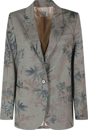 Forte_Forte Gray Blue Yellow Chevron Floral Leaf Print Polyester-Blend Blazer