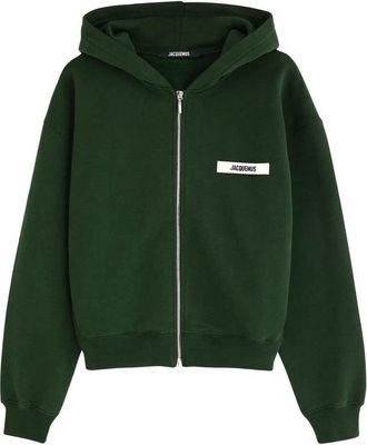 Jacquemus Mens Grosgrain Logo Zip-Up Hoodie - Dark Green Cotton - Size X-Large