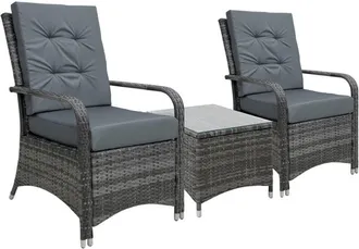 OUTSUNNY Rattan 3PCs Chair Table Bistro Set Patio Set w/ Steel Frame Grey