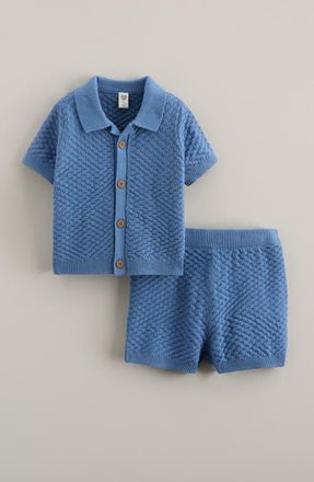Nordstrom Short Sleeve Knit Button-Up Shirt & Shorts Set in Blue Riviera at Nordstrom, Size 24M