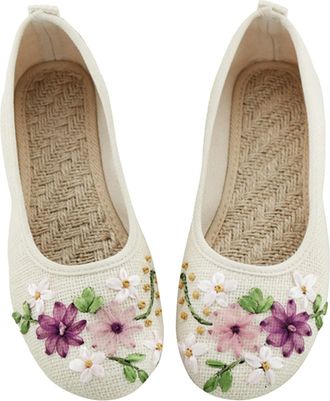 Generic 2025 Womens Elegant Satin Flower Embroidered Shoes Chinese Traditional Style Shallow Mouth Casual Shoe Stage Performance Oriental Sandals to Match Che