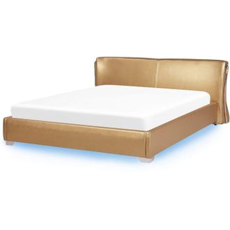 Beliani Cama Tapizada En Piel Dorada Con Somier Y Luces Led 180 X 200 Cm Dise&ntilde;o Moderno Paris