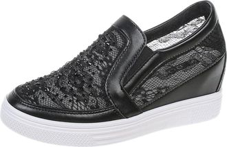 Generic Womens Platform Shoes Slip on Wedge Sneakers Lace Rhinestone Mesh Loafers Comfortable Breathable Walking Shoes Lightweight Wedges Black