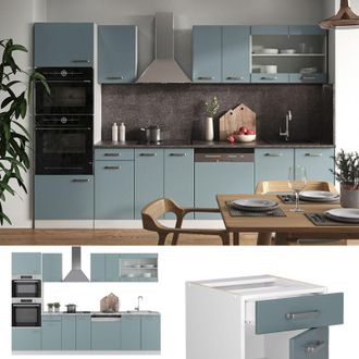 Vicco Cucina componibile R-Line, Grigio-blu, 300 cm con armadio alto, pl Marmo