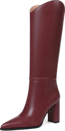 SaraIris Womens Black Knee High Boots Wide Calf Chunky High Heel Pointed Toe Zipper Comfortable Casual Boots, 1 Burgundy Polyurethane, 8.5 UK