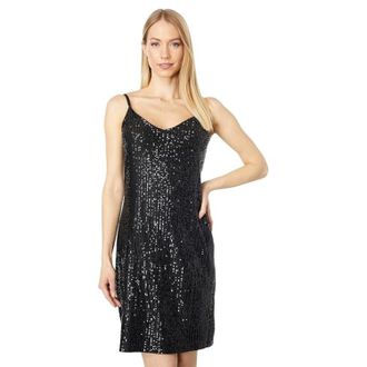 Marina Rossini Slip Dress Black Sequin Spaghetti Straps V-Neck Cocktail JZZ80