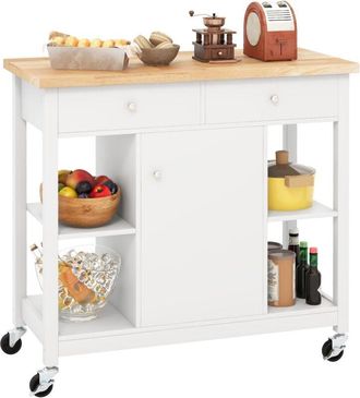 Costway Carrello da Cucina con Piano in Legno di Gomma, 4 Ripiani Aperti 2 Cassetti e 1 Armadietto Chiuso, Carrello da Servizio con Ruote per Cucina