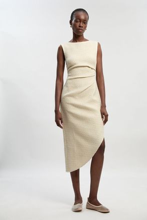 Karen Millen Womens Petite Boucle Tailored Ruched Detail Midi Dress - White - Size 16 UK