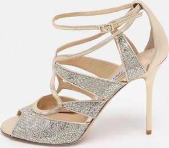 Jimmy Choo London Gold Glitter And Lame Fabric Kelsey Strappy Sandals