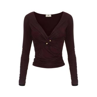 Elisabetta Franchi Blouses, female, Brown, Size: XS Jersey Top with Jewel Detail