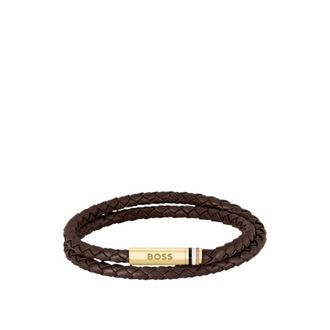 BOSS Brown braided leather cuff with logo closure