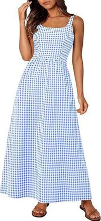 Generic Womens Pure Cotton Plaid Maxi Tank Dress,Square Neck Smocked Back Aline Flowy Sundress Casual Boho Gingham Beach Dress (Light Blue,M)
