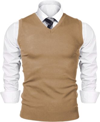 iClosam Mens Gilet Vests for Men Sleeveless Jumper Knit Vest Classic V-Neck Sleeveless Jumper Khaki XXL