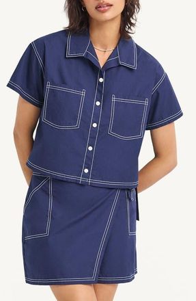 Vitamin A Ashley Crop Organic Cotton Cover-Up Camp Shirt in Midnight at Nordstrom, Size X-Small