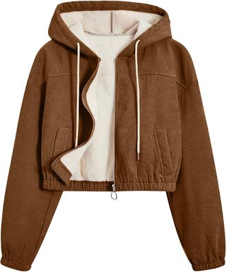 Generic Womens Corduroy Cropped Jackets - Fleece Lined Winter Warm Coats, Drawstring Hooded Zip Short Pullover Top, Fuzzy Fluffy, Pockets, Sherpa Loose Fit Sw